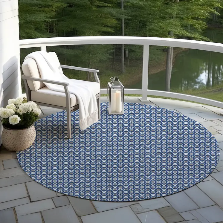 8' Navy Blue And Gray Round Floral Washable Indoor Outdoor Area Rug