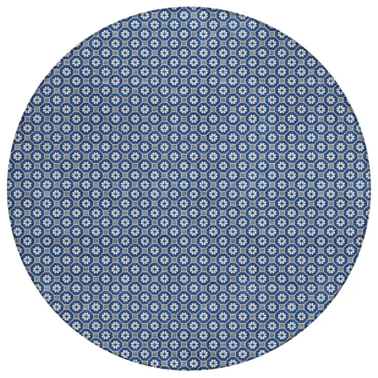 8' Navy Blue And Gray Round Floral Washable Indoor Outdoor Area Rug
