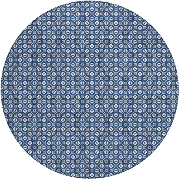 8' Navy Blue And Gray Round Floral Washable Indoor Outdoor Area Rug
