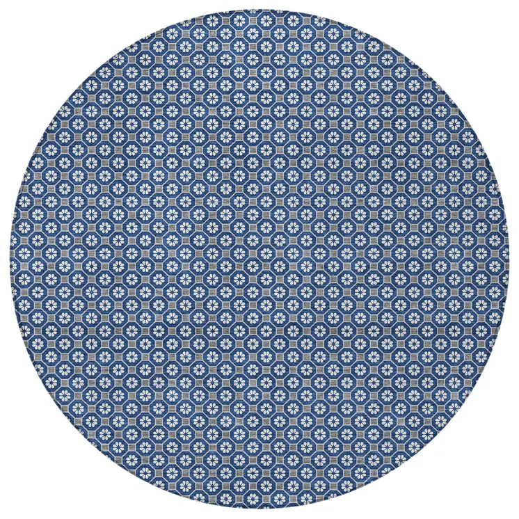 8' Navy Blue And Gray Round Floral Washable Indoor Outdoor Area Rug