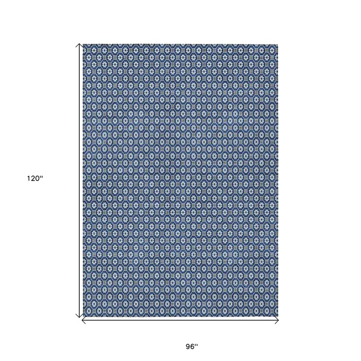 8' X 10' Navy Blue And Gray Floral Washable Indoor Outdoor Area Rug