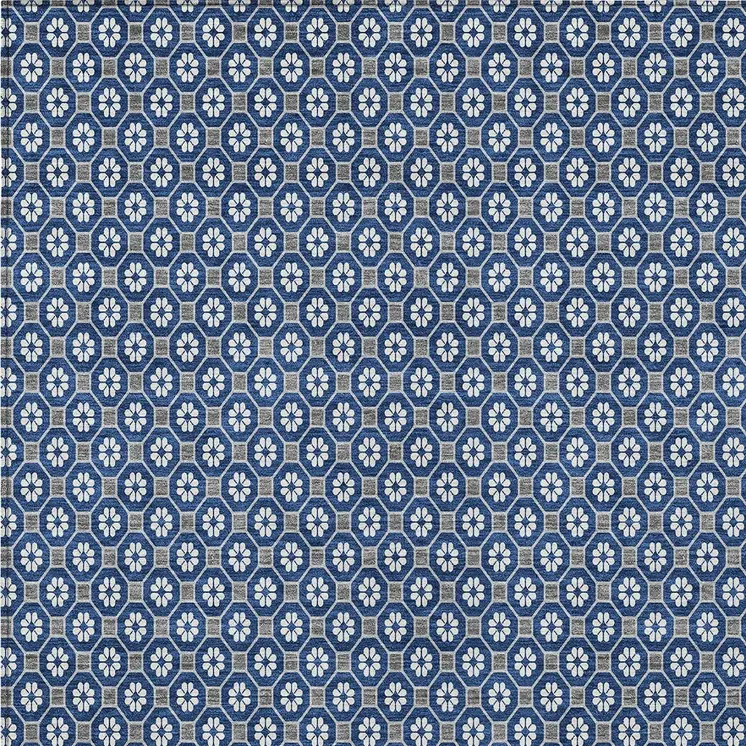 8' X 10' Navy Blue And Gray Floral Washable Indoor Outdoor Area Rug