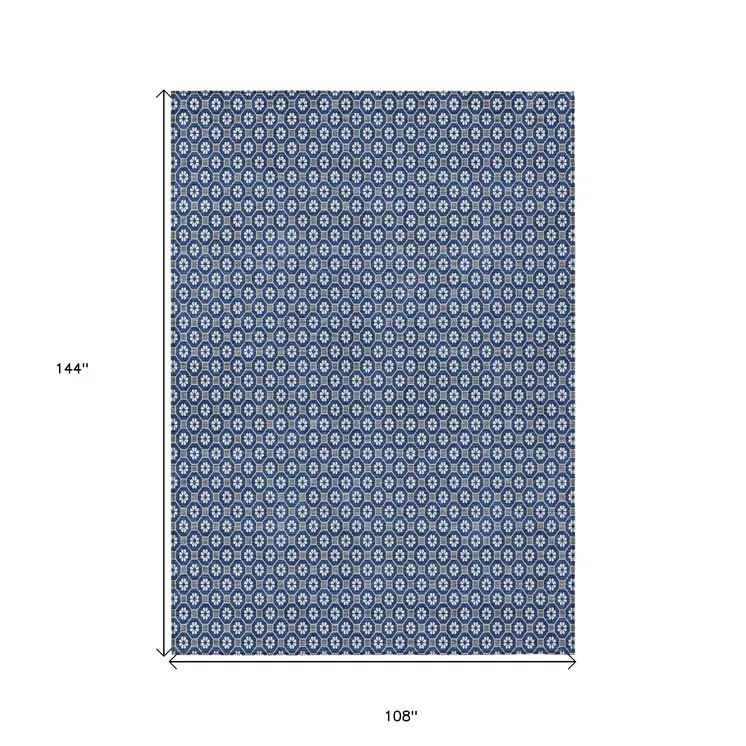 9' X 12' Navy Blue And Gray Floral Washable Indoor Outdoor Area Rug