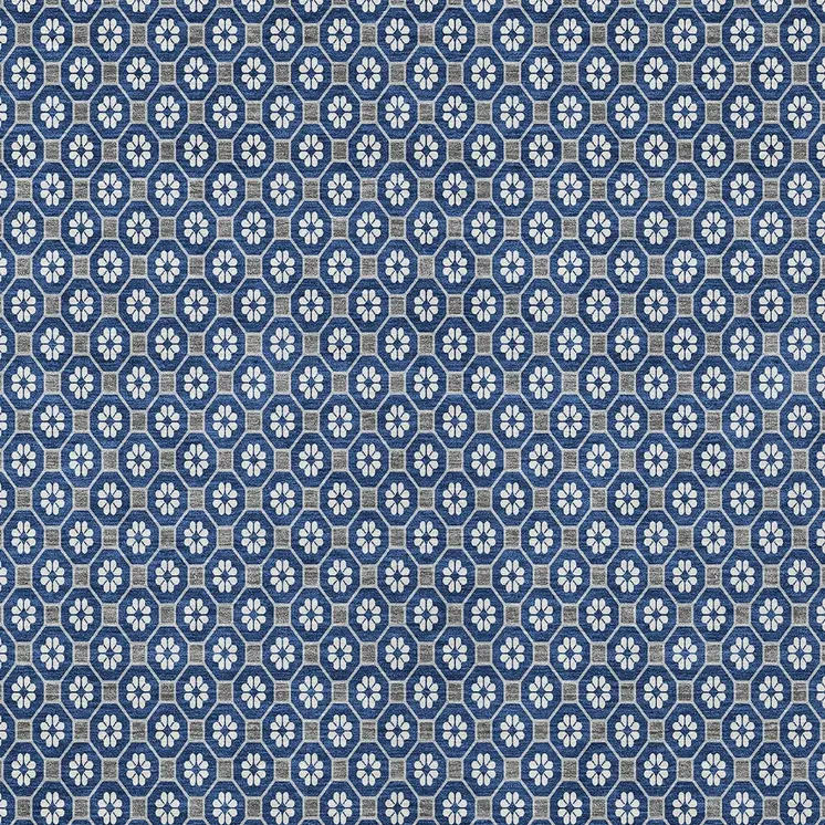9' X 12' Navy Blue And Gray Floral Washable Indoor Outdoor Area Rug