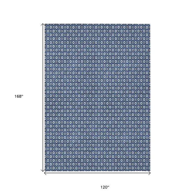 10' X 14' Navy Blue And Gray Floral Washable Indoor Outdoor Area Rug