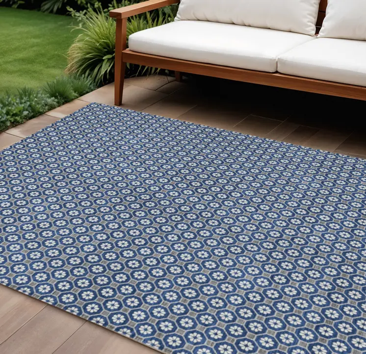 10' X 14' Navy Blue And Gray Floral Washable Indoor Outdoor Area Rug