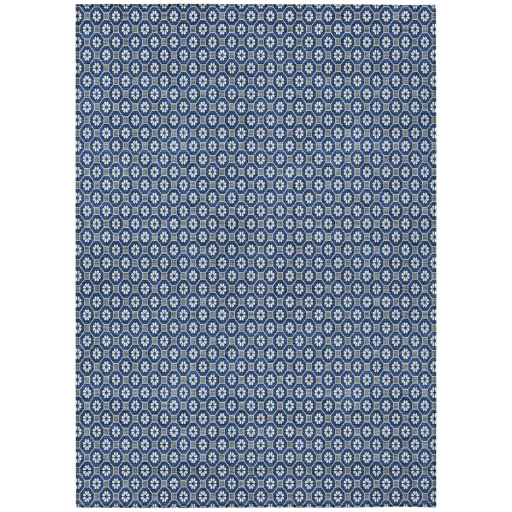 10' X 14' Navy Blue And Gray Floral Washable Indoor Outdoor Area Rug
