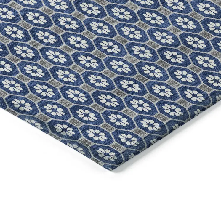 10' X 14' Navy Blue And Gray Floral Washable Indoor Outdoor Area Rug