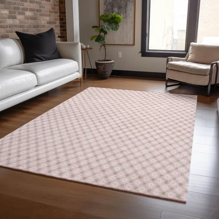 3' X 5' Pink And Ivory Floral Washable Indoor Outdoor Area Rug