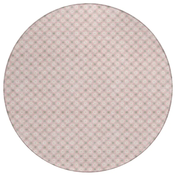 8' Pink And Ivory Round Floral Washable Indoor Outdoor Area Rug