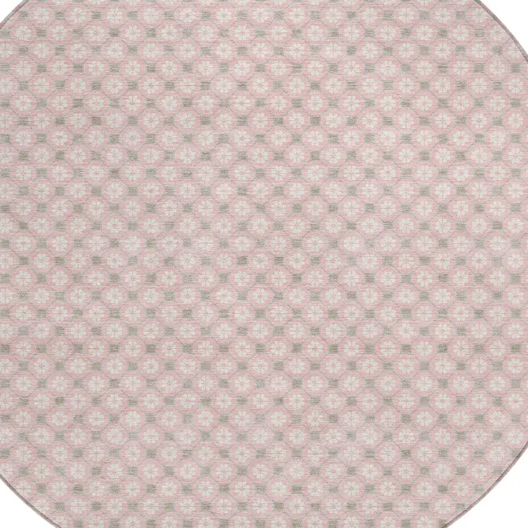 8' Pink And Ivory Round Floral Washable Indoor Outdoor Area Rug