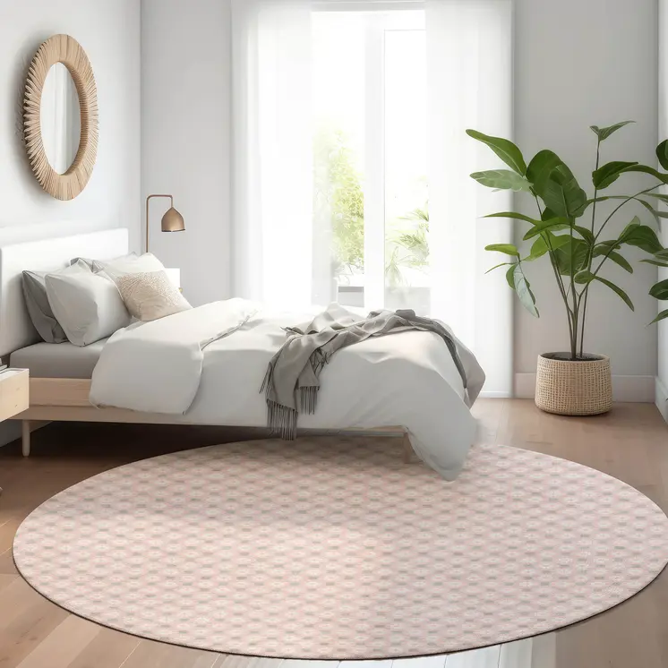 8' Pink And Ivory Round Floral Washable Indoor Outdoor Area Rug