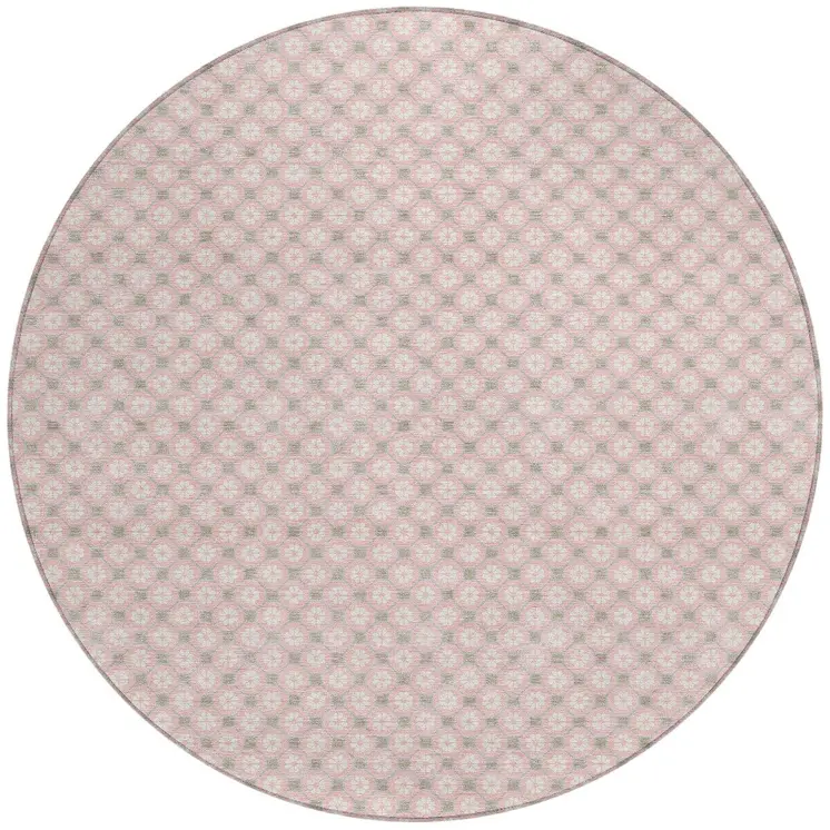 8' Pink And Ivory Round Floral Washable Indoor Outdoor Area Rug