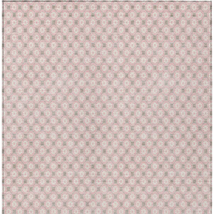 9' X 12' Pink And Ivory Floral Washable Indoor Outdoor Area Rug