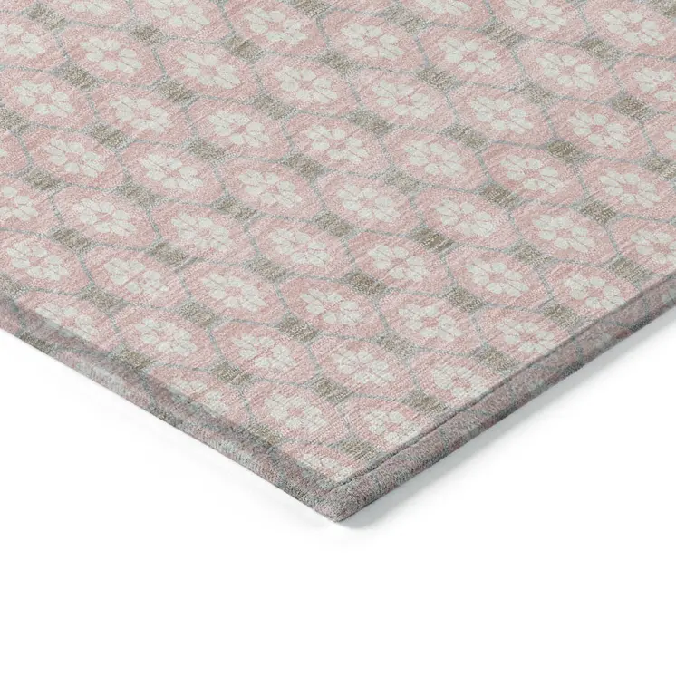 9' X 12' Pink And Ivory Floral Washable Indoor Outdoor Area Rug