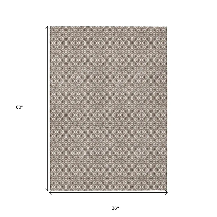 3' X 5' Taupe And Brown Floral Washable Indoor Outdoor Area Rug
