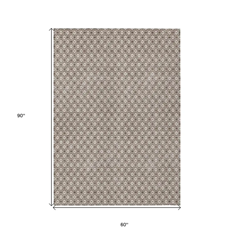 5' X 8' Taupe And Brown Floral Washable Indoor Outdoor Area Rug