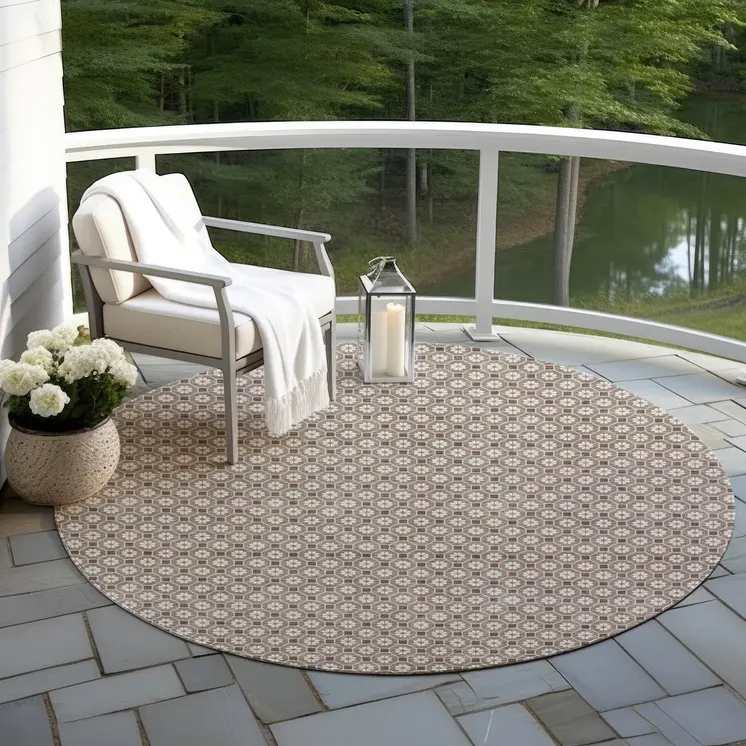 8' Taupe And Brown Round Floral Washable Indoor Outdoor Area Rug