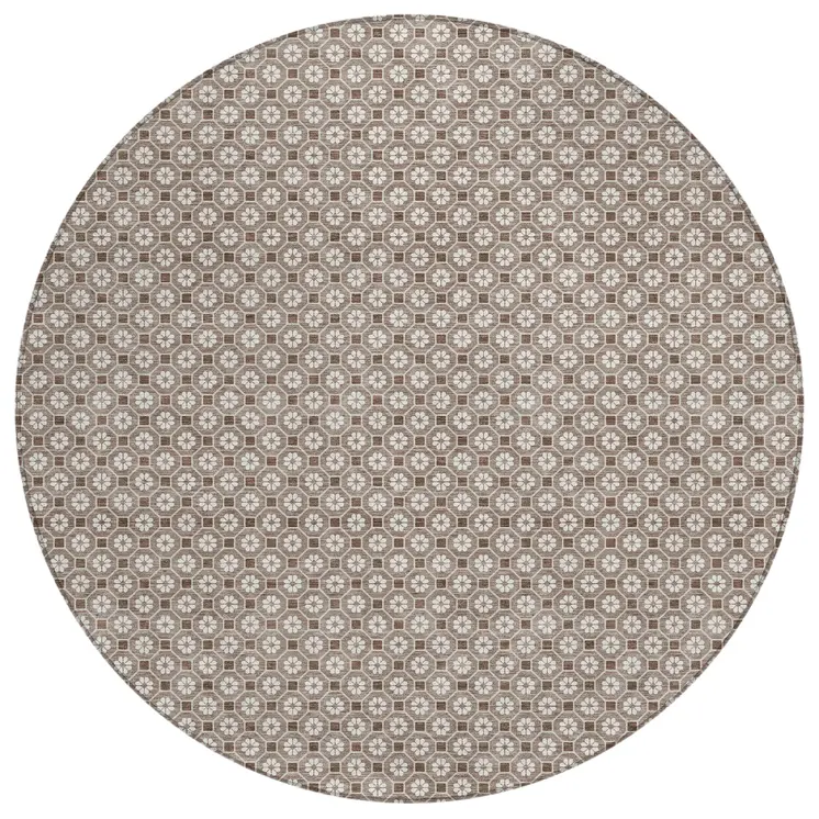 8' Taupe And Brown Round Floral Washable Indoor Outdoor Area Rug