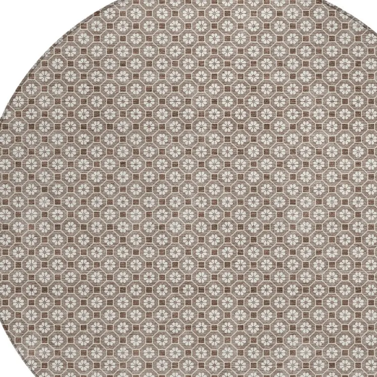 8' Taupe And Brown Round Floral Washable Indoor Outdoor Area Rug