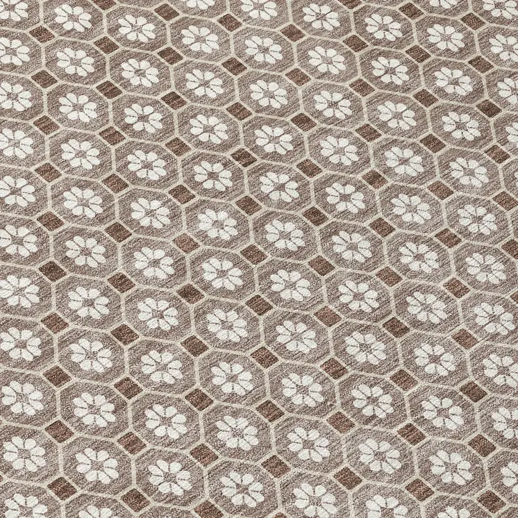 8' Taupe And Brown Round Floral Washable Indoor Outdoor Area Rug