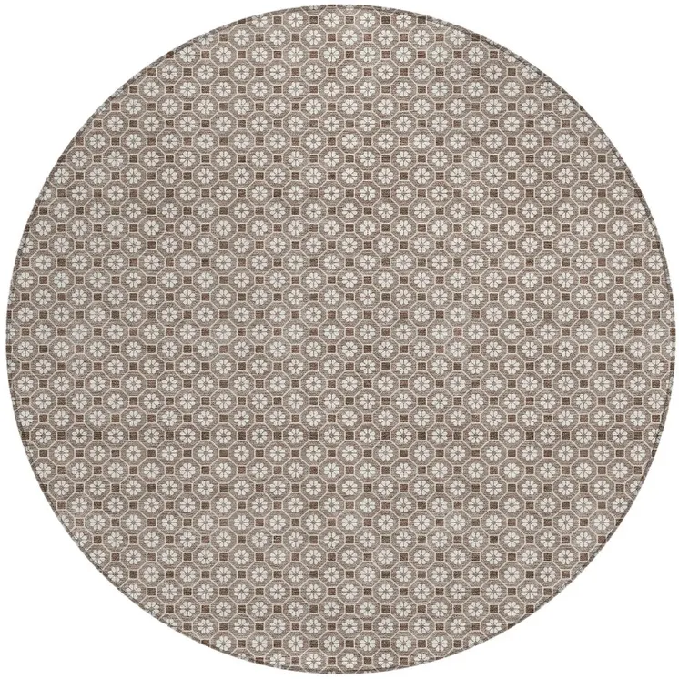 8' Taupe And Brown Round Floral Washable Indoor Outdoor Area Rug