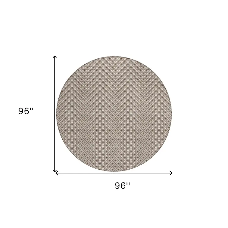 8' Taupe And Brown Round Floral Washable Indoor Outdoor Area Rug