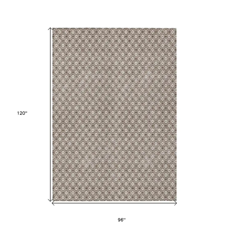 8' X 10' Taupe And Brown Floral Washable Indoor Outdoor Area Rug