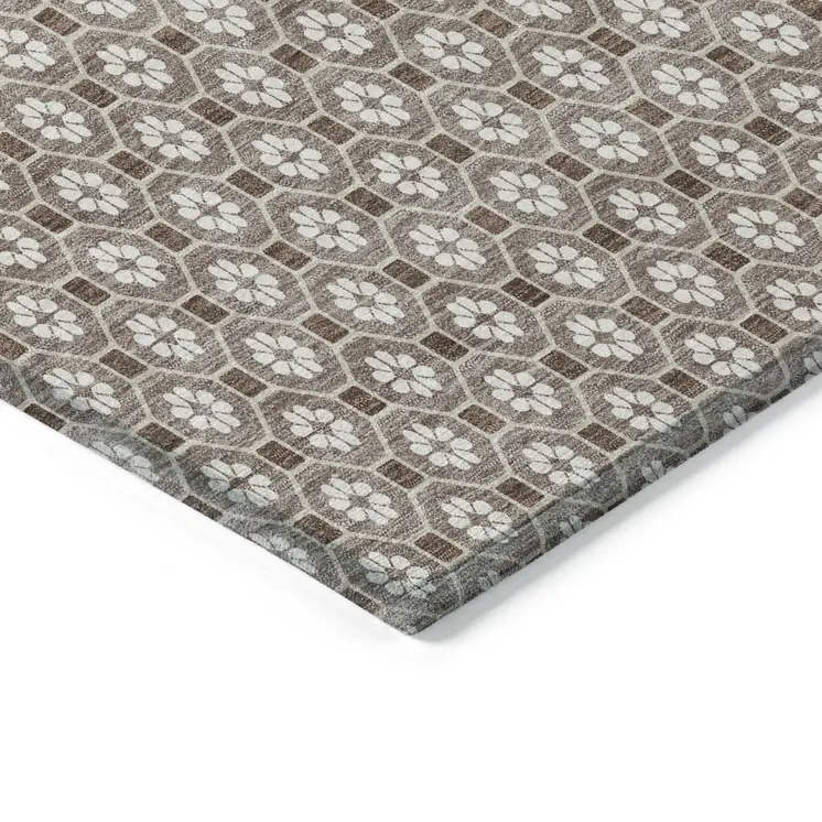 8' X 10' Taupe And Brown Floral Washable Indoor Outdoor Area Rug