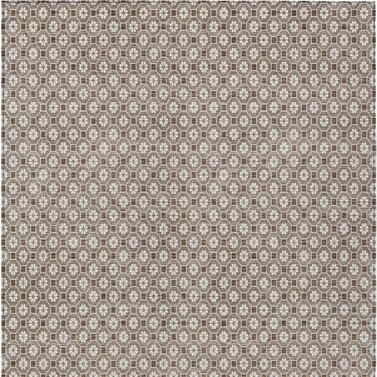 9' X 12' Taupe And Brown Floral Washable Indoor Outdoor Area Rug