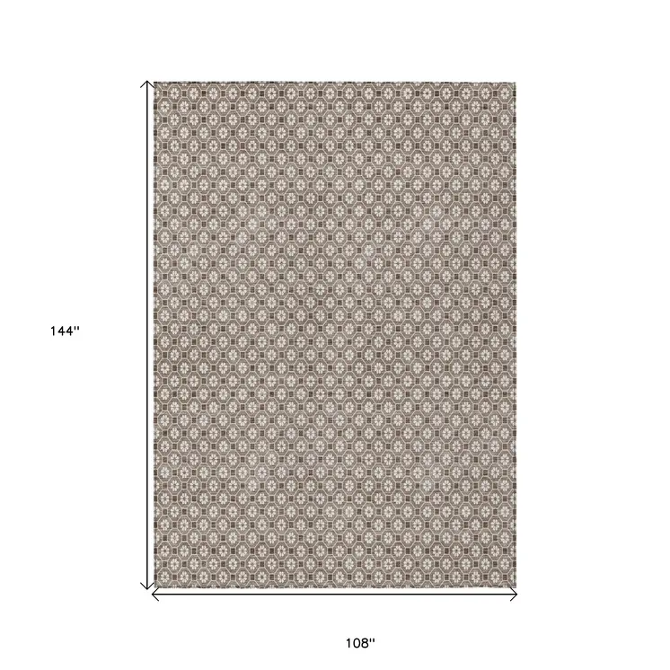 9' X 12' Taupe And Brown Floral Washable Indoor Outdoor Area Rug