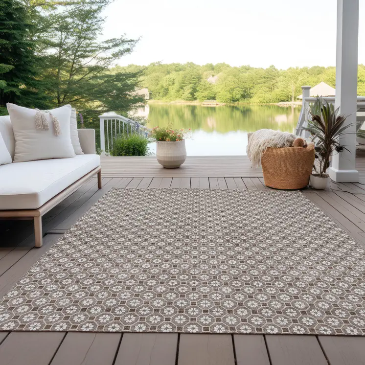 9' X 12' Taupe And Brown Floral Washable Indoor Outdoor Area Rug