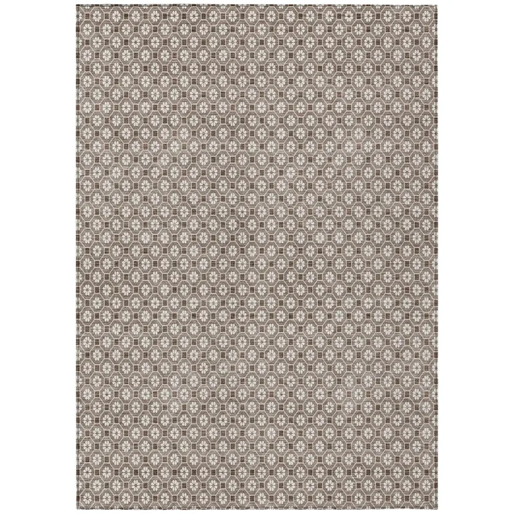 9' X 12' Taupe And Brown Floral Washable Indoor Outdoor Area Rug