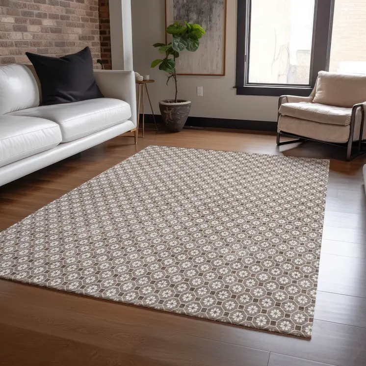 9' X 12' Taupe And Brown Floral Washable Indoor Outdoor Area Rug