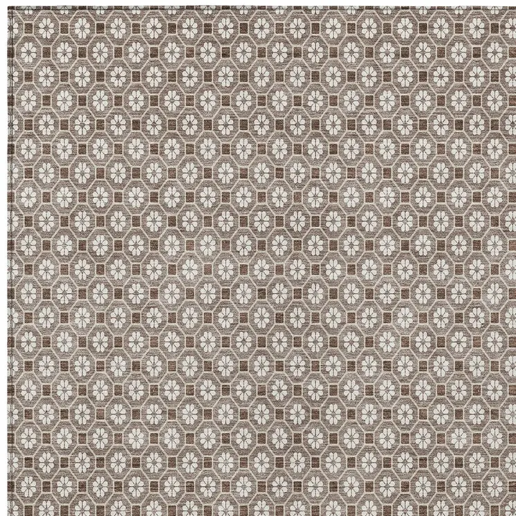 10' X 14' Taupe And Brown Floral Washable Indoor Outdoor Area Rug