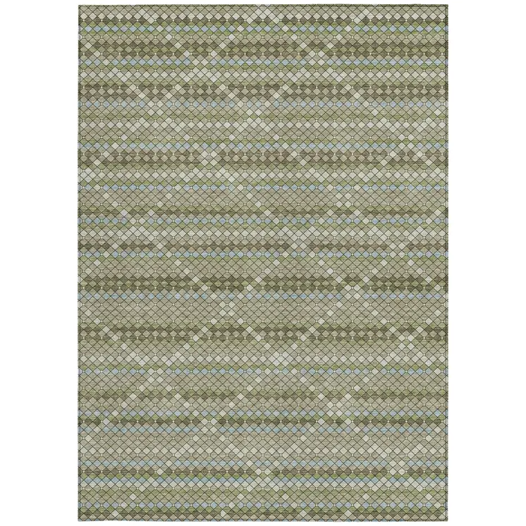 3' X 5' Artichoke Green And Fern Green Geometric Washable Indoor Outdoor Area Rug