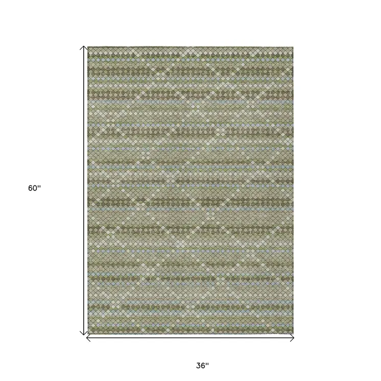 3' X 5' Artichoke Green And Fern Green Geometric Washable Indoor Outdoor Area Rug