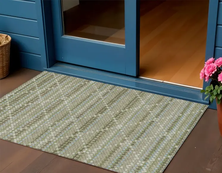 3' X 5' Artichoke Green And Fern Green Geometric Washable Indoor Outdoor Area Rug