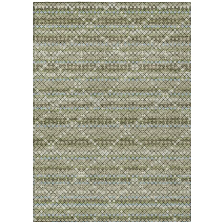 3' X 5' Artichoke Green And Fern Green Geometric Washable Indoor Outdoor Area Rug
