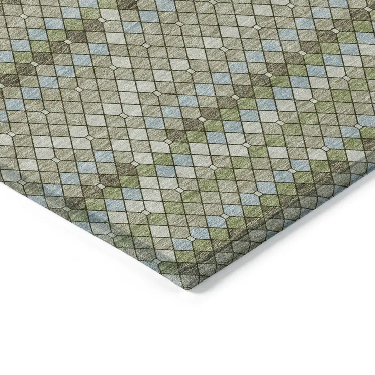 3' X 5' Artichoke Green And Fern Green Geometric Washable Indoor Outdoor Area Rug