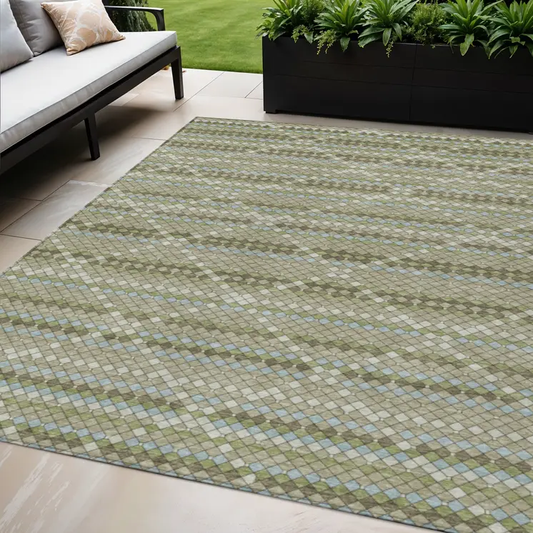 5' X 8' Artichoke Green And Fern Green Geometric Washable Indoor Outdoor Area Rug
