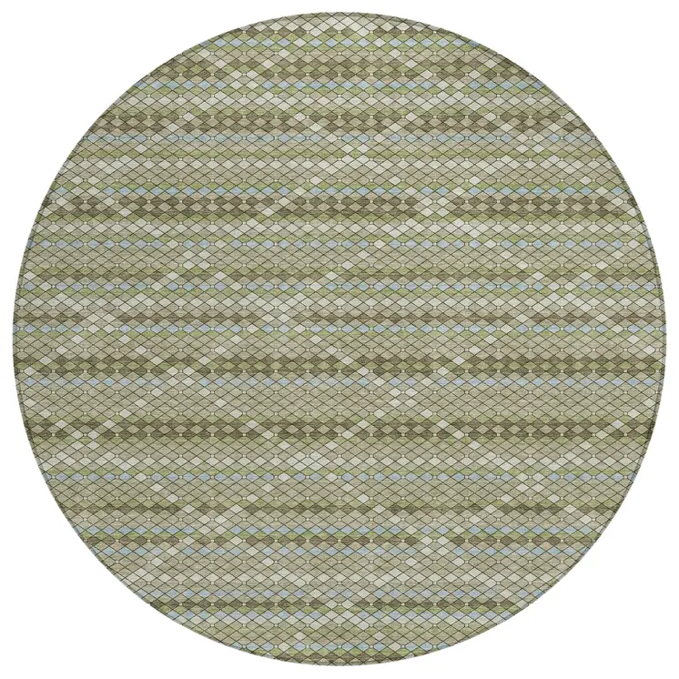 8' Artichoke Green And Fern Green Round Geometric Washable Indoor Outdoor Area Rug