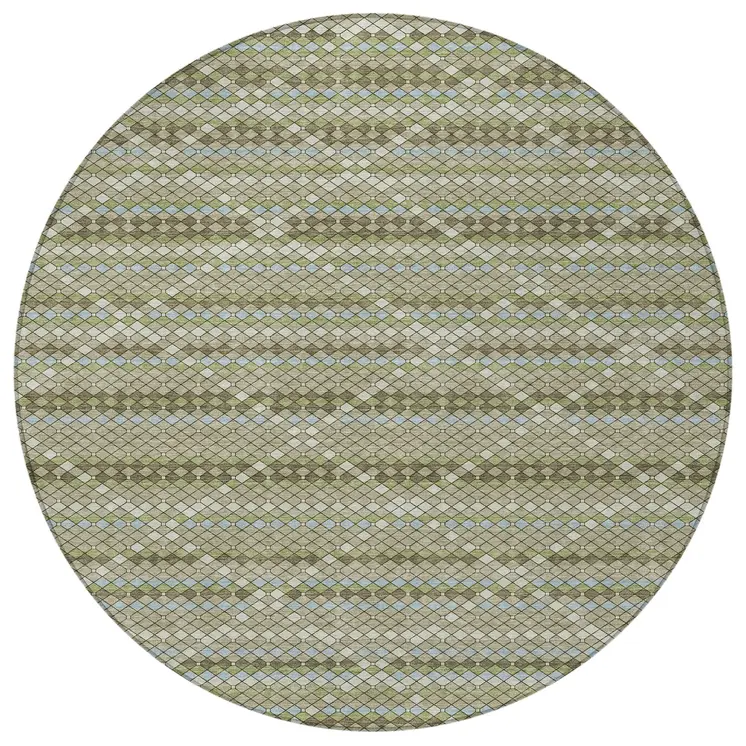 8' Artichoke Green And Fern Green Round Geometric Washable Indoor Outdoor Area Rug
