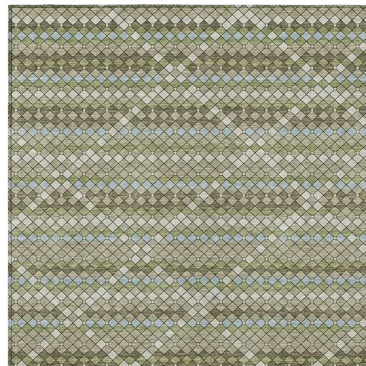 9' X 12' Artichoke Green And Fern Green Geometric Washable Indoor Outdoor Area Rug