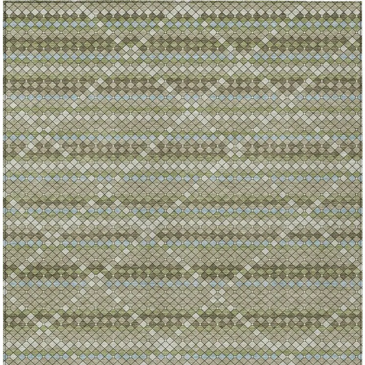 10' X 14' Artichoke Green And Fern Green Geometric Washable Indoor Outdoor Area Rug