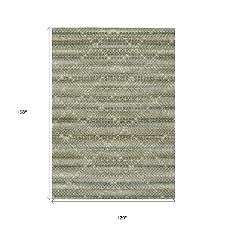 10' X 14' Artichoke Green And Fern Green Geometric Washable Indoor Outdoor Area Rug