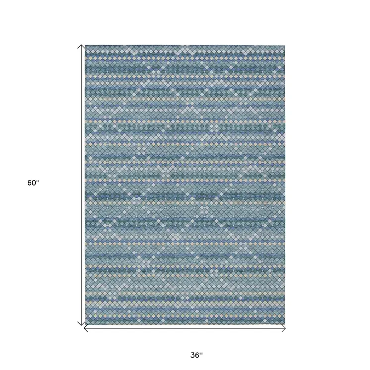 3' X 5' Denim Blue And Teal Blue Geometric Washable Indoor Outdoor Area Rug
