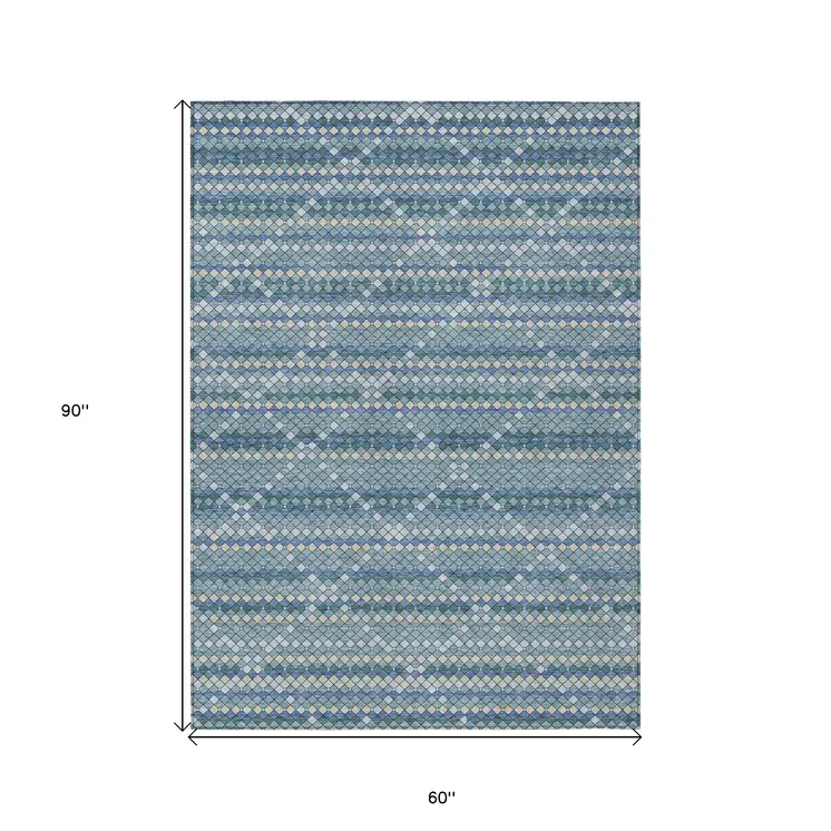 5' X 8' Denim Blue And Teal Blue Geometric Washable Indoor Outdoor Area Rug