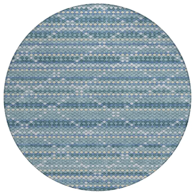 8' Denim Blue And Teal Blue Round Geometric Washable Indoor Outdoor Area Rug