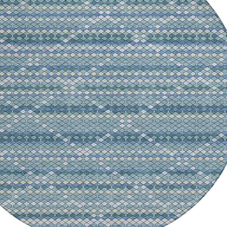 8' Denim Blue And Teal Blue Round Geometric Washable Indoor Outdoor Area Rug
